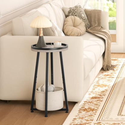 HOOBRO Small Round Side Table, 2-Tier Round Sofa End Table, Compact Nightstand with Cotton Linen Storage Basket, for Small Space, Living Room, Bedroom, Dorm, Greige BG183BZ01 - color: Greige