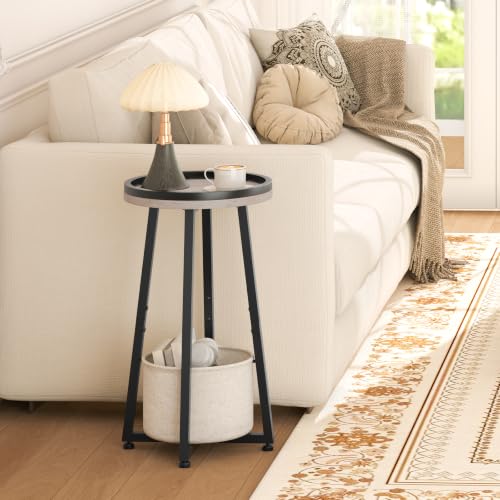 HOOBRO Small Round Side Table, 2-Tier Round Sofa End Table, Compact Nightstand with Cotton Linen Storage Basket, for Small Space, Living Room, Bedroom, Dorm, Greige BG183BZ01 - color: Greige