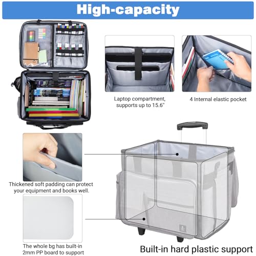 Rolling Teacher Bag Built-in Hard Support Board, Rolling Briefcase with Detachable Trolley, Rolling bag with Laptop compartment, Adjustable Shoulder Strap, and Ample Storage Space - color: Grey