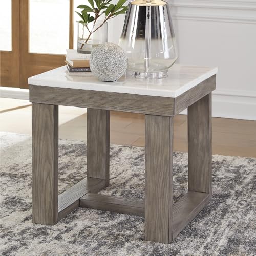 Signature Design by Ashley Square Marble End Table, 24 in, Grayish Brown | Premium natural stone surface for unique character, Sturdy oak veneer and MDF substrate trestle base, Loyaska Series - color: Two Tone