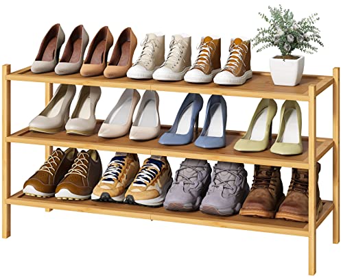 kiplant Long Shoe Rack, Bamboo Wood 3-Tier Shoe Rack for Entryway, Stackable | Foldable | Natural, Shoe Organizer for Hallway Closet, Free Standing Shoe Racks for Indoor Outdoor - color: Natural, size: 3-Tier_Long
