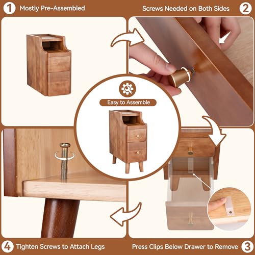 Nightstand with Drawers Set 2, Pre-Assembled, 19.7" H Natural Solid Wood Night Stand with Open Sliding Shelf, Mid Century Modern Small Bedside Table Cabinet for Bedroom, Walnut 8" - color: Walnut-2pack, size: 8"