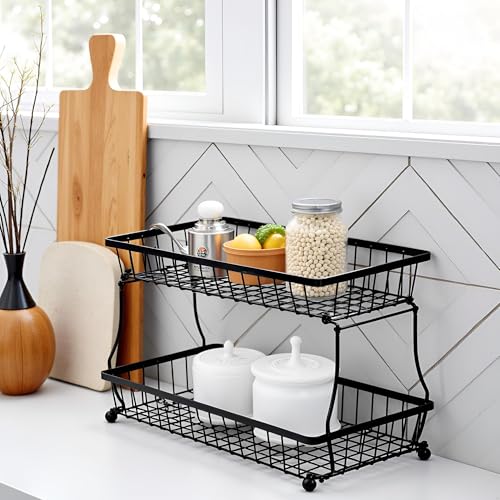 HOSY 2-Tier Metal Fruit Basket, 14-in Rectangle Black Standing Storage Rack | All-Metal, Removable Design, Tool-Free Assembly, Versatile Kitchen Countertop Organizer, Vegetables, Breads, Seasonings - size: 14-inch