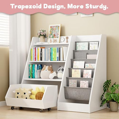 COZPAW Kids Bookshelf and Toy Storage, 4 Tier Toddler Bookshelf with Movable Drawer (White) - color: White