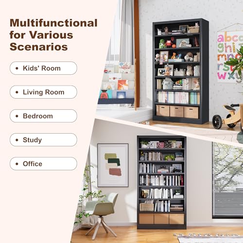 55" Media Storage Cabinet, Metal CD Storage Rack with 6 Adjustable Shelves, Large DVD Storage Shelf Rack for Living Room, Home Entertainment (Black)