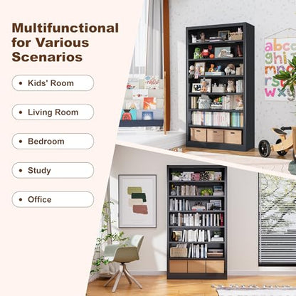 55" Media Storage Cabinet, Metal CD Storage Rack with 6 Adjustable Shelves, Large DVD Storage Shelf Rack for Living Room, Home Entertainment (Black)