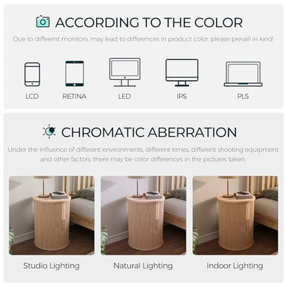 LINSY HOME Round Fluted End Table, Tall Side Table with Sliding Tambour Door and Storage Shelf, Modern Bedside Table, Mid-Century Nightstand for Living Room, Bedroom, Oak - color: Oak