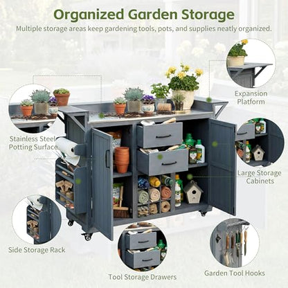 Modern 60.2''W Outdoor Kitchen Island with Wheels, Rolling Patio BBQ Kitchen Cart with Stainless Steel Top, Wood Grill Cart with Spice Rack&Wine Rack,2 Drawers, Gray - style: Gray