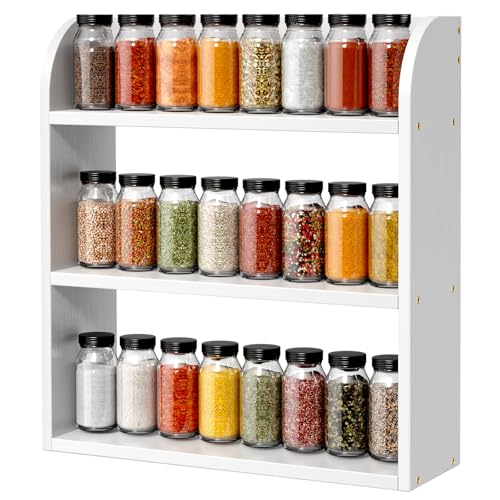 ROMGUAR CRAFT 3 Tier Bamboo Spice Rack, Countertop or Wall Mounting Wood Spice Jars Organizer Shelf for Kitche, Pantry (White) - color: White, size: 3 Tier