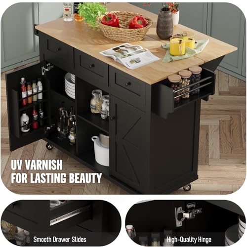 Kitchen Island with Storage on Wheels, 53" Large Rolling Kitchen Island with Drop Leaf, Mobile Kitchen Islands Cart with 3 Drawers 2 Cabinet, Open-Shelf, Islands Table (Black, 3 Drawers)