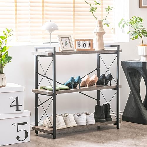 HCHQHS Bookshelf, 3-Tier Industrial Bookcase, Rustic Open Book Shelf, Freestanding Horizontal Bookshelves with Metal Frame - color: Grey, size: 3-Tier (35.8"W x 35.8"H)