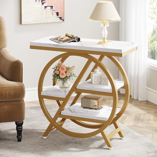 Tribesigns End Table for Living Room, 3-Tier Faux Marble Side Table with Storage, Wood Narrow Sofa Side Table with Geometric Metal Frame, Modern Nightstand and Bedside Table for Bedroom, Gold & White - color: White & Gold