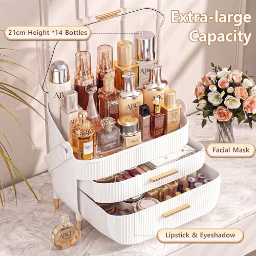 NestOrganix Makeup Organizer With Drawers for Cosmetic White | Clear lid cosmetic display case, fits bathroom & vanity, holds lipstick, mask & skincare - color: White & Gold
