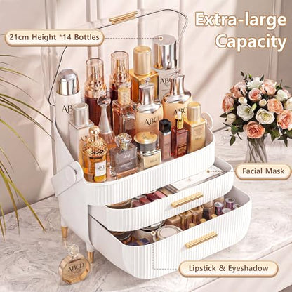 NestOrganix Makeup Organizer With Drawers for Cosmetic White | Clear lid cosmetic display case, fits bathroom & vanity, holds lipstick, mask & skincare - color: White & Gold