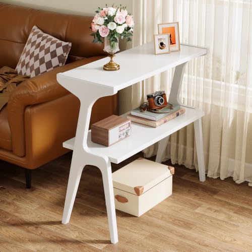 Tribesigns 2-Tier Solid Wood Side Table, Modern White End Table with Storage Shelves, Tall Slim Side Table for Couch with Unique Legs, Long Bedside Table for Bedroom, Living Room - color: White