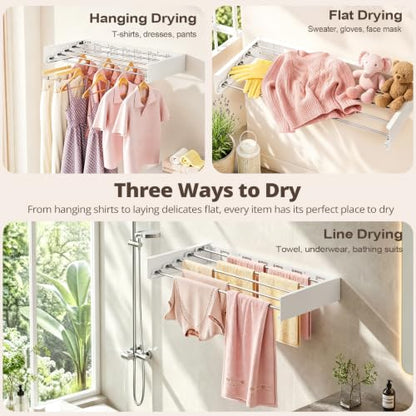 Wall Mounted Clothes Drying Rack Folding Indoor, Foldable Laundry Drying Rack Collapsible,Invisible, Space Saving, Retractable Towel Drying Rack, with Wall Template(5 Drying Rods, White 32") - color: White, size: White-32"