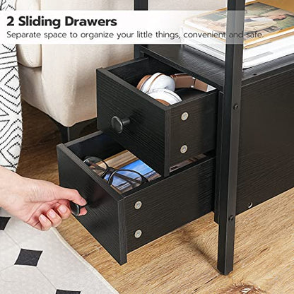 HOOBRO Set of 2 End Tables with Charging Station, Narrow Side Table with Drawers & USB Port & Power Outlets, Nightstand for Small Spaces, Living Room, Stable and Sturdy, Black BK541BZP201 - color: Black
