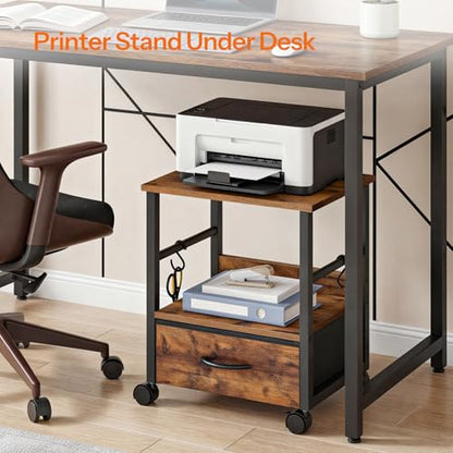 HOOBRO 2-Tier Printer Stand, Under Desk Printer Table with Drawer, Printer Cart with Storage, with Casters/Adjustable Feet, for Home Office, Study, Living Room, Rustic Brown and Black, BF20PS01