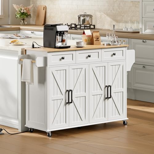RALGEND Kitchen Island with Drop Leaf & Power Outlet, Rolling Kitchen Island Cart On Wheels, Barn Door Kitchen Island Table with Storage and Tower Rack, Island Table for Kitchen, White and Natural - color: White + Natural