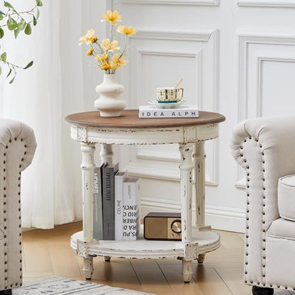 BERRYMERRY 23.6" French Country Round End Table Set of 2, Two Tone Distress 2 Tier Side Table for Living Room Small Space,No Tool Assembly - color: White 2pcs