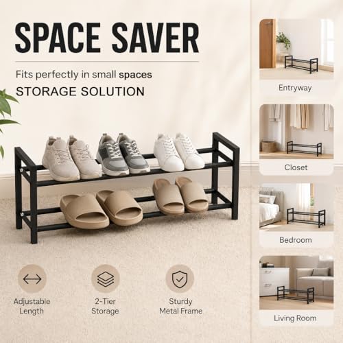 Expandable 2-Tier Metal Shoe Rack, Black Freestanding Storage Organizer | Telescopic, Adjustable, 40 lbs total load, Rust-proof metal, Quick Assembly for entryway closet Small Spaces - size: 2 Tier