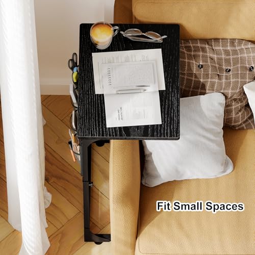 Fixwal C Shaped Side Table Adjustable Height End Table for Couch Small Sofa Table TV Tray with Storage Bag for Living Room, Bedroom & Office, Black - color: Black, style: Wide Board