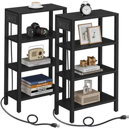 TUTOTAK Narrow Side Table Set of 2, Small End Table with Charging Station | 4-Tier Skinny Sofa Table, Slim Nightstand, Easy Assembly for Living Room, Bedroom, Black TB01BK0802 - color: Black, size: 4-tier