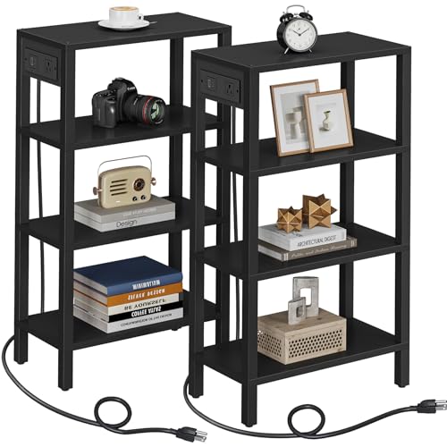 TUTOTAK Narrow Side Table Set of 2, Small End Table with Charging Station | 4-Tier Skinny Sofa Table, Slim Nightstand, Easy Assembly for Living Room, Bedroom, Black TB01BK0802 - color: Black, size: 4-tier