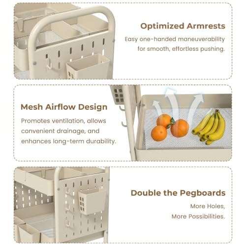 danpinera 3 Tier Rolling Cart with Retractable Dividers, Multi-Functional White Rolling Utility Cart with Pegboards, Hooks & Hanging Cups for Nursery, Living Room, Studio - color: Beige