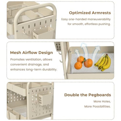 danpinera 3 Tier Rolling Cart with Retractable Dividers, Multi-Functional White Rolling Utility Cart with Pegboards, Hooks & Hanging Cups for Nursery, Living Room, Studio - color: Beige