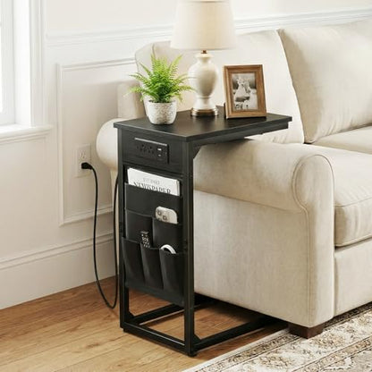 AMHANCIBLE C Shaped End Table with Charging Station, Couch Side Tables that Slide Under Sofa with Storage Bag, Slim TV Tray with USB Ports for Living Room, Bedroom, Black, HET04CBK - color: Black