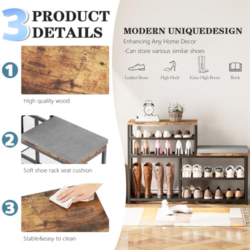 Shoe Rack,Freestanding Hidden Shoe Storage Organizer for Entryway, Shoe Bench Shelves for High Boot with Seat Cushion,Wood Shoe Rack Cabinet for Front Door Entrance Closet, Hallway, 5 Tier,Brown - size: 5 Tier with Seat
