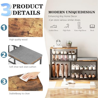 Shoe Rack,Freestanding Hidden Shoe Storage Organizer for Entryway, Shoe Bench Shelves for High Boot with Seat Cushion,Wood Shoe Rack Cabinet for Front Door Entrance Closet, Hallway, 5 Tier,Brown - size: 5 Tier with Seat