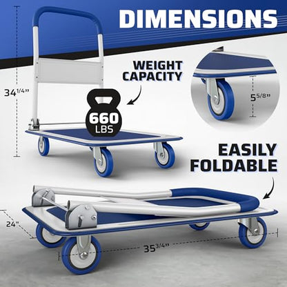 Heavy Duty Foldable Push Cart Dolly | 660 lbs. Capacity | Upgraded Collapsible Hand Truck Folding Platform with Swivel Wheels | Flat Bed Moving Wagon | Space Saving Push Handle (Blue) - color: Blue, 660 Lbs. Capacity