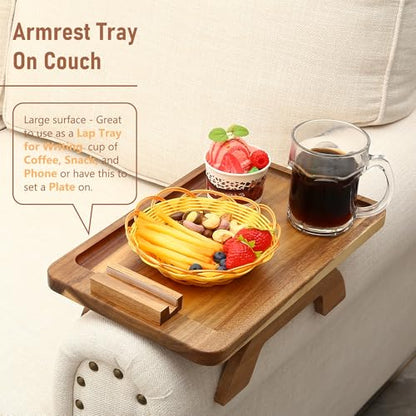 SINWANT Couch Arm Tray, Acacia Wood Sofa Arm Rest Table Clip on Wide Armrest,Folding Anti Slip Couch Armrest Table with 360° Rotating Phone Holder for Snacks,Drinks,Remotes - color: Acacia Wood