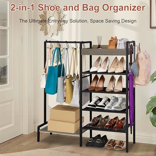 2-in-1 Shoe and Purse Rack, 5-Tier Shoe Rack with Wooden Tray & 7 Hooks, Industrial Metal Shoe Shelf with Removable Shelves for Entryway, Front Door Entrance, Closet, Boot Storage, Black - color: Black With Grey