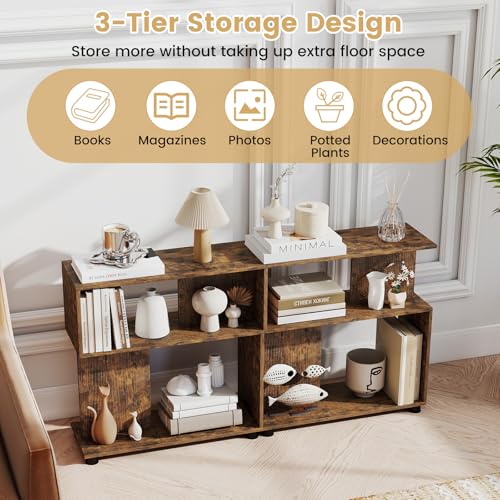 GOFLAME 3-Tier Geometric Bookcase, S-Shaped Bookshelf with 2 Open Back Compartments, Modern Display Rack, Narrow Compact Side End Table Nightstand for Living Room, Home Office (1,Rustic Brown) - color: Rustic Brown