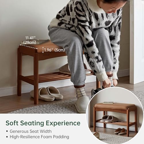 Solid Wood Shoe Bench, 24 Inch Entryway Bench with Brown Leather Cushion | Premium brown leather cushion paired with walnut wood finish adds refined texture and mid century style. - color: Walnut + Brown Leather Cushion, size: 23.62"