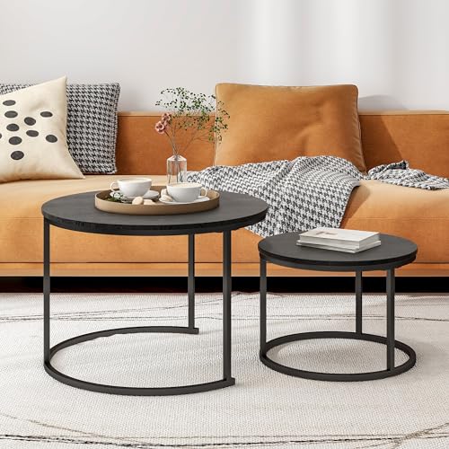 HOJINLINERO Round Nesting Coffee Table Set of 2,Wood Cocktail Table,Black | Center Table for Living Room,Small Apartment,Small Space,Side Tables,Easy Assembly,Sturdy Metal Frame Wooden Tabletop,Large - color: Black, size: Large