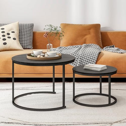 HOJINLINERO Round Nesting Coffee Table Set of 2,Wood Cocktail Table,Black | Center Table for Living Room,Small Apartment,Small Space,Side Tables,Easy Assembly,Sturdy Metal Frame Wooden Tabletop,Large - color: Black, size: Large