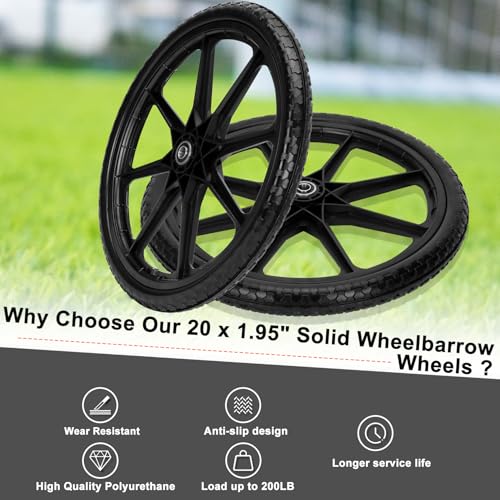 Upgraded 20" Flat Free Wheels for rubbermaid Wheelbarrow Tires | 20" Flat Free Tires with 5/8" and 3/4" Bearings Replacement for rubbermaid Cart Wheels/Big Wheel Utility Carts - color: Black