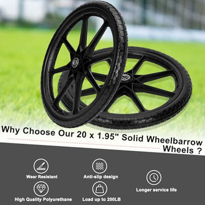 Upgraded 20" Flat Free Wheels for rubbermaid Wheelbarrow Tires | 20" Flat Free Tires with 5/8" and 3/4" Bearings Replacement for rubbermaid Cart Wheels/Big Wheel Utility Carts - color: Black