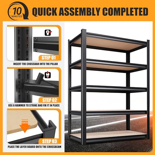 AOARGG 78"H-45.6"W Garage Shelving Heavy Duty Storage Shelves, Metal Adjustable Shelving Unit, Utility Garage Organizer Shelf for Basement, Pantry, Kitchen, Warehouse, 45.6"W x 19.7"D x 78"H - size: 5-Wood-19.7"Dx45.6"Wx77.9"H