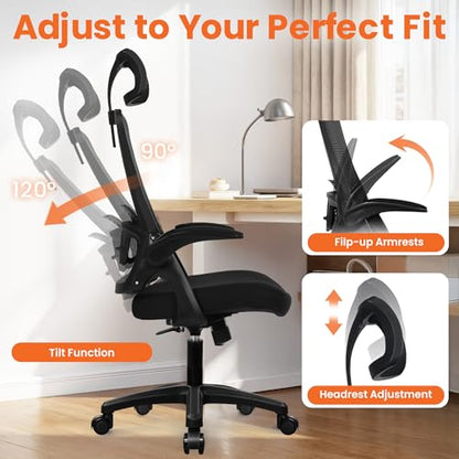 NEO CHAIR Office Desk Chair Gaming Computer High Back Support Mesh Comfy Seat with Adjustable Ergonomic Headrest Lumbar Rolling Flip-up Armrests and Wheels (Black) - color: Black