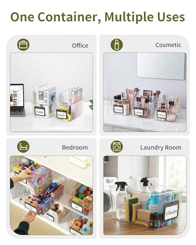 iCASA 6-Pack Clear Fridge Organizers and Storage Bins Container with Labels | Plastic Refrigerator Organizer Bin for Organizing, Home Organization Must Haves for Kitchen Under Sink Cabinet Pantry Shelf