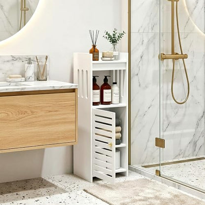 4-Tier Narrow Bathroom Cabinet, 9.8" W X 29.5" H | White PVC Material, Rack, Holder, Fits Small Spaces, for Toilet Side, Laundry Room, Kitchen, Easy Assembly - size: 7.9"D x 9.8"W x 29.5"H