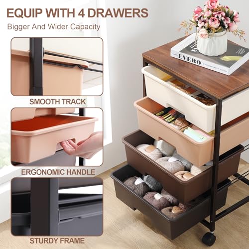 SYKIARIOL Utility Cart with 4 Drawers, Brown | Rolling Storage Cart with Drawers, Storage Rolling Drawer Cart - color: Dark Brown