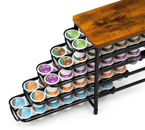 HFHOME Coffee Pod Holder with Wooden Top, Compatible with K-Cups, 5-Tier Coffee Capsule Storage Drawer, 70 Capacity Pods Organizer with 3 Mug Holders, for Home, Office, Kitchen Counter, Black - color: Black-70 Pod