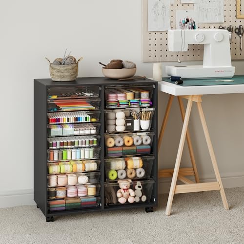 WOPITUES Mobile Storage Cabinet with 15 Clear Drawers, Craft Cabinet with 5 Large Drawers, Cart with Wooden Tabletop, Printer Stand Home Office, Dresser Chest, Modern Black - color: Black, size: 10M+5L