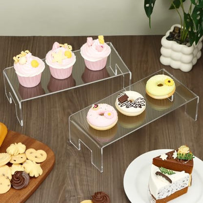 QWORK Clear Acrylic Display Risers Stand, 2 Pack 5mm Thick Transparent Showcase Shelves for Dessert Cupcakes Perfume Toys Cosmetics Jewelry Collectibles, 12x5x3.3 Inch Display Shelf
